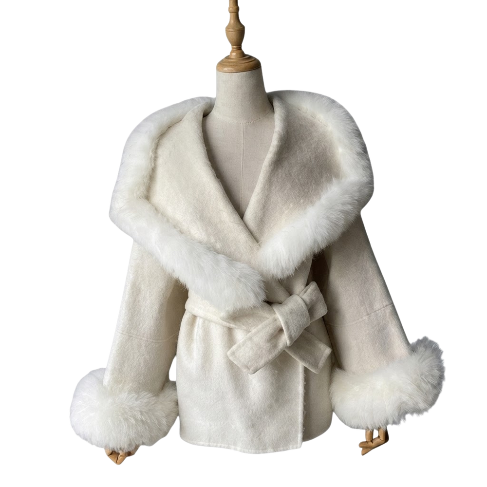 Wrap Jacket with Plush Fur Trim