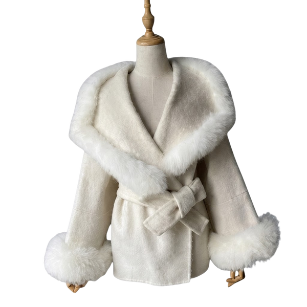 Wrap Jacket with Plush Fur Trim