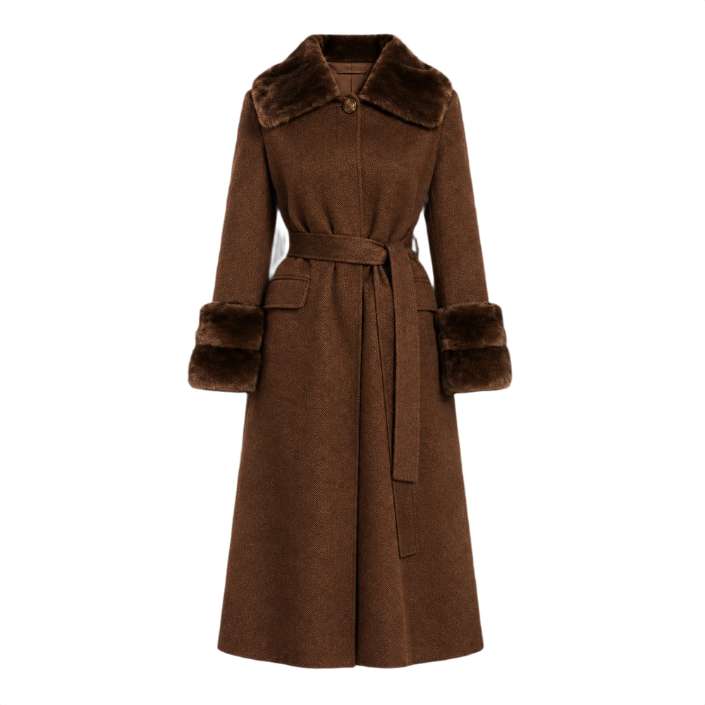 Belted Longline Coat with Contrast Fur Trim