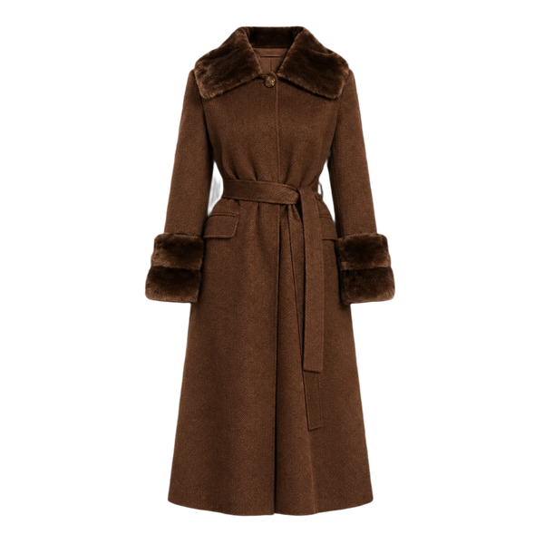Belted Longline Coat with Contrast Fur Trim