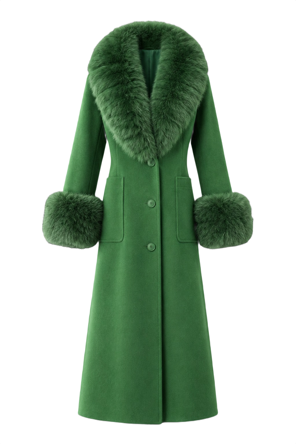 Lush Green Winter Trench with Fur Trim