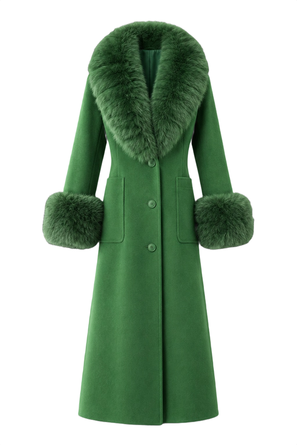 Lush Green Winter Trench with Fur Trim