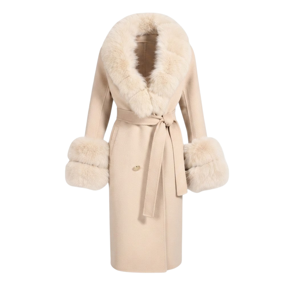 Long Wrap Coat with Faux Fur Collar and Cuffs