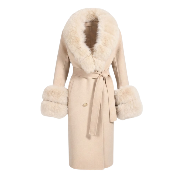 Long Wrap Coat with Faux Fur Collar and Cuffs