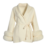 White Wool Wrap Jacket with Fur Trim