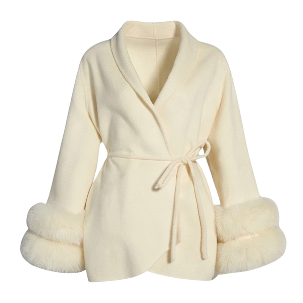 White Wool Wrap Jacket with Fur Trim