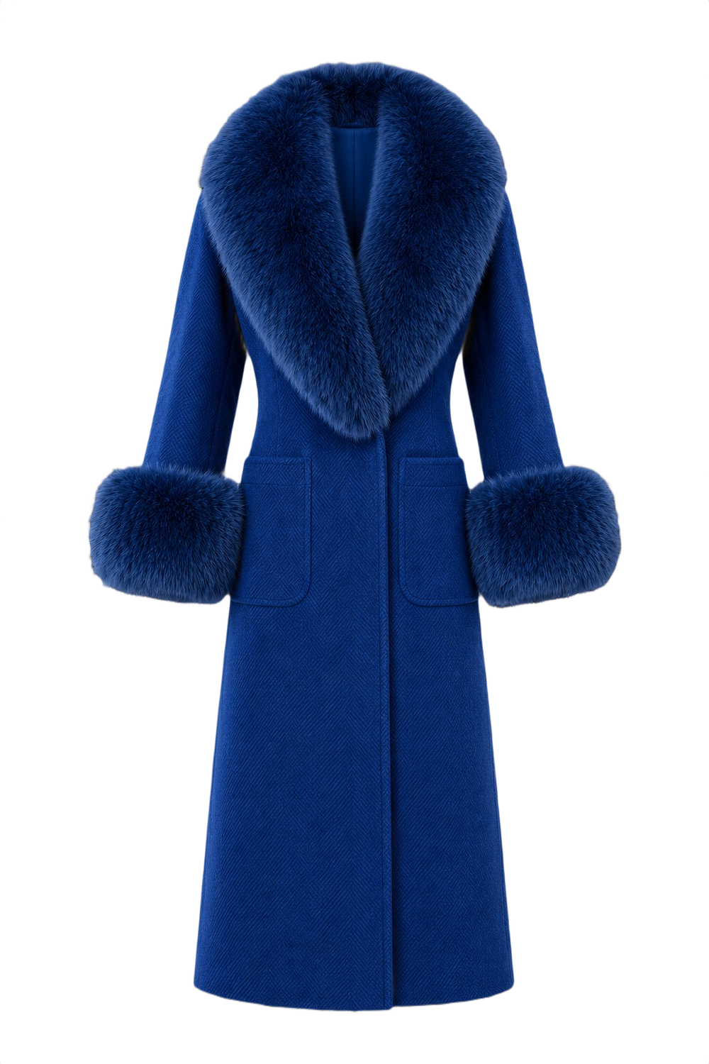 Royal Blue Fux Fur Trim Wool Coat