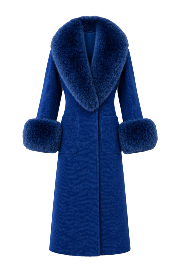Royal Blue Fux Fur Trim Wool Coat