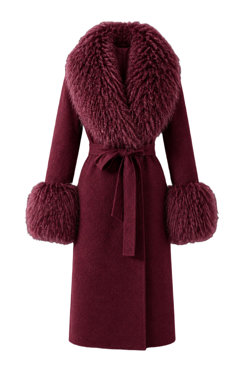 Textured Fur-Trim Longline Wrap Jacket