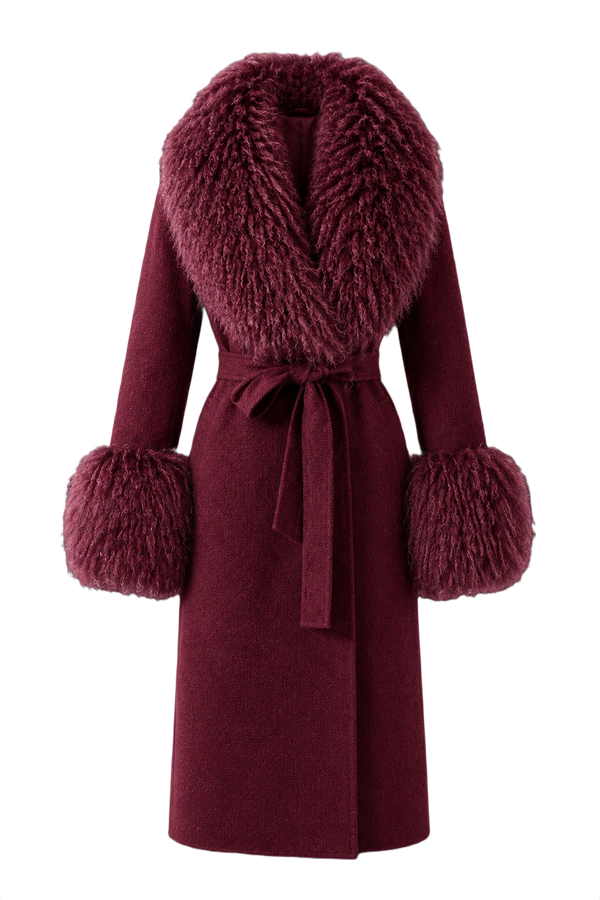 Textured Fur-Trim Longline Wrap Jacket