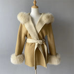 Hooded Belted Coat with Faux Fur Trim