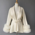 White Wool Wrap Jacket with Fur Trim