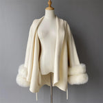 White Wool Wrap Jacket with Fur Trim
