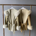 Hooded Belted Coat with Faux Fur Trim