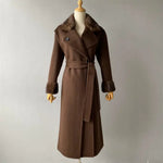 Long Belted Wool Trench with Faux Fur Trim