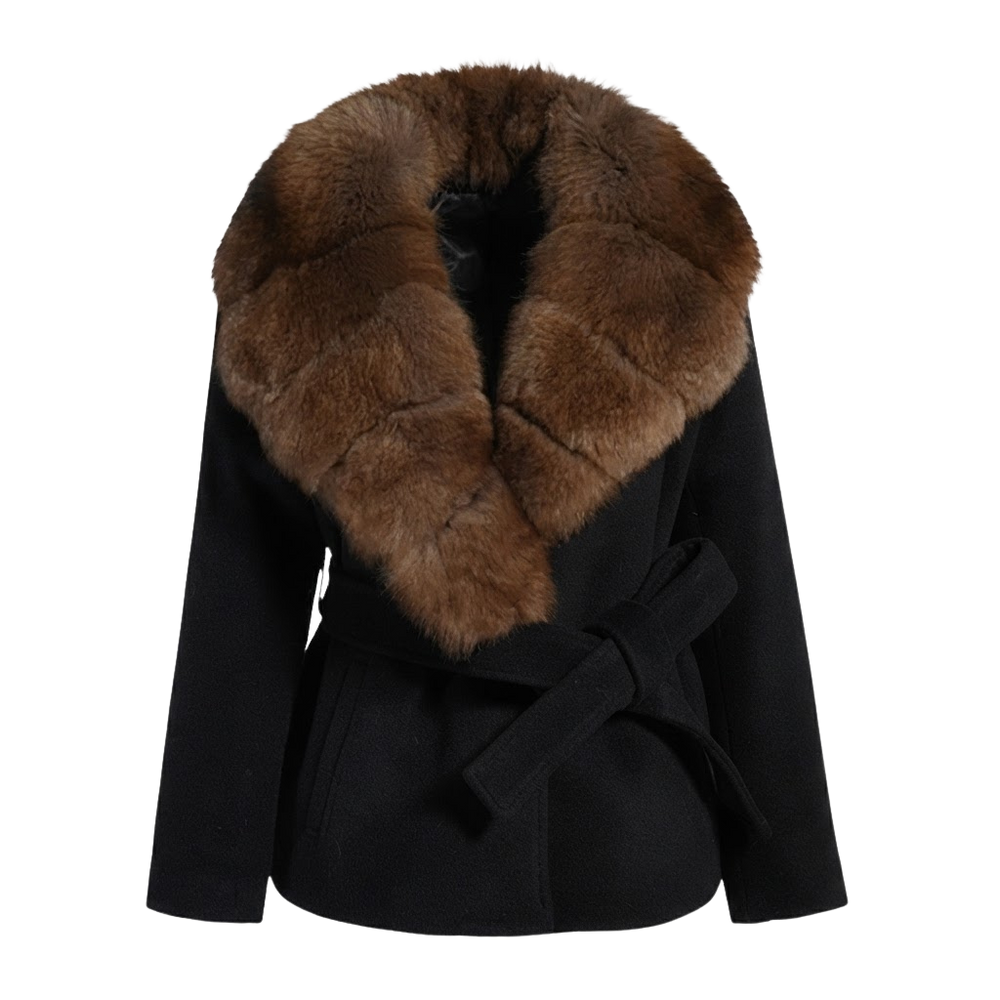 Black Wrap Coat with Fur Collar