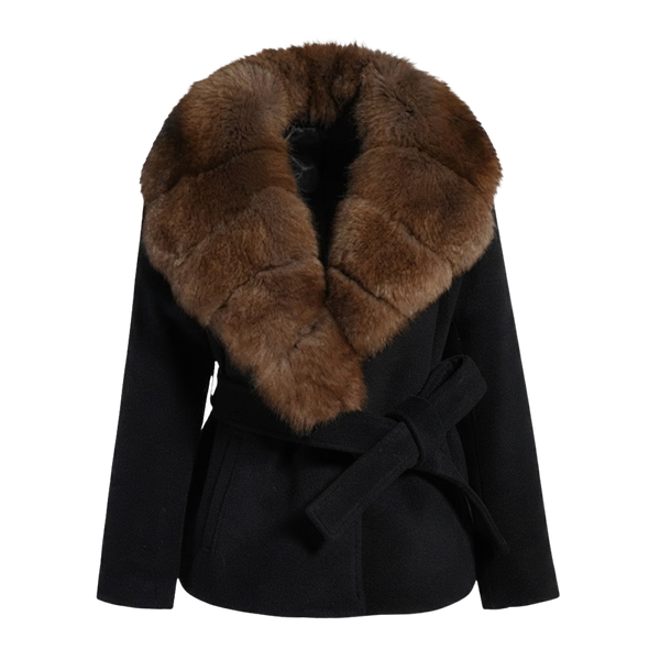 Black Wrap Coat with Fur Collar