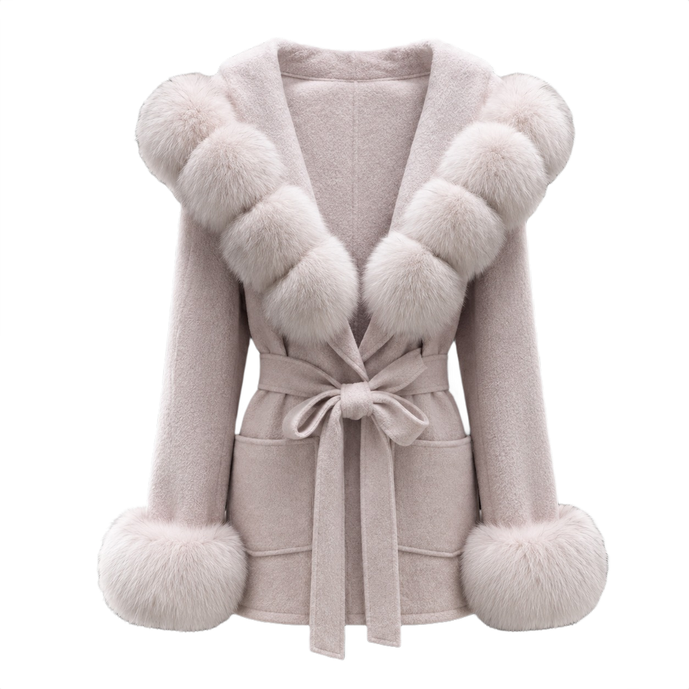 Tie-Waist Wool Jacket with Plush Ball Accents