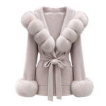 Tie-Waist Wool Jacket with Plush Ball Accents