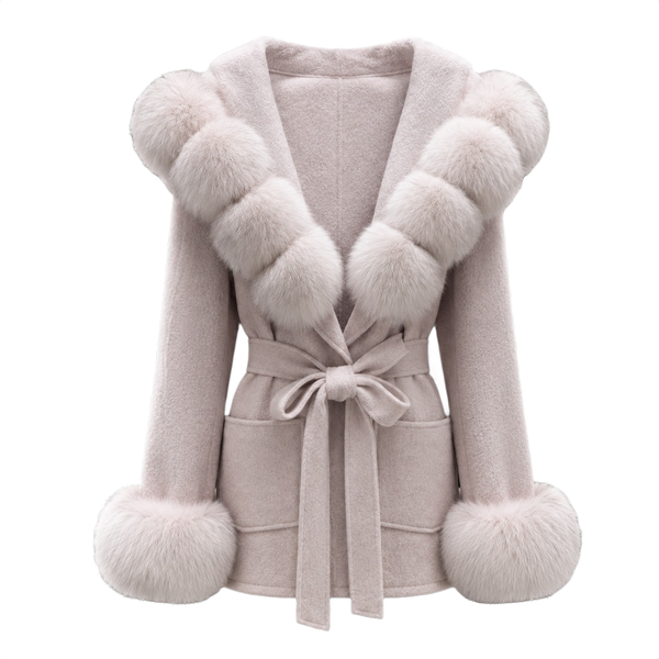 Tie-Waist Wool Jacket with Plush Ball Accents