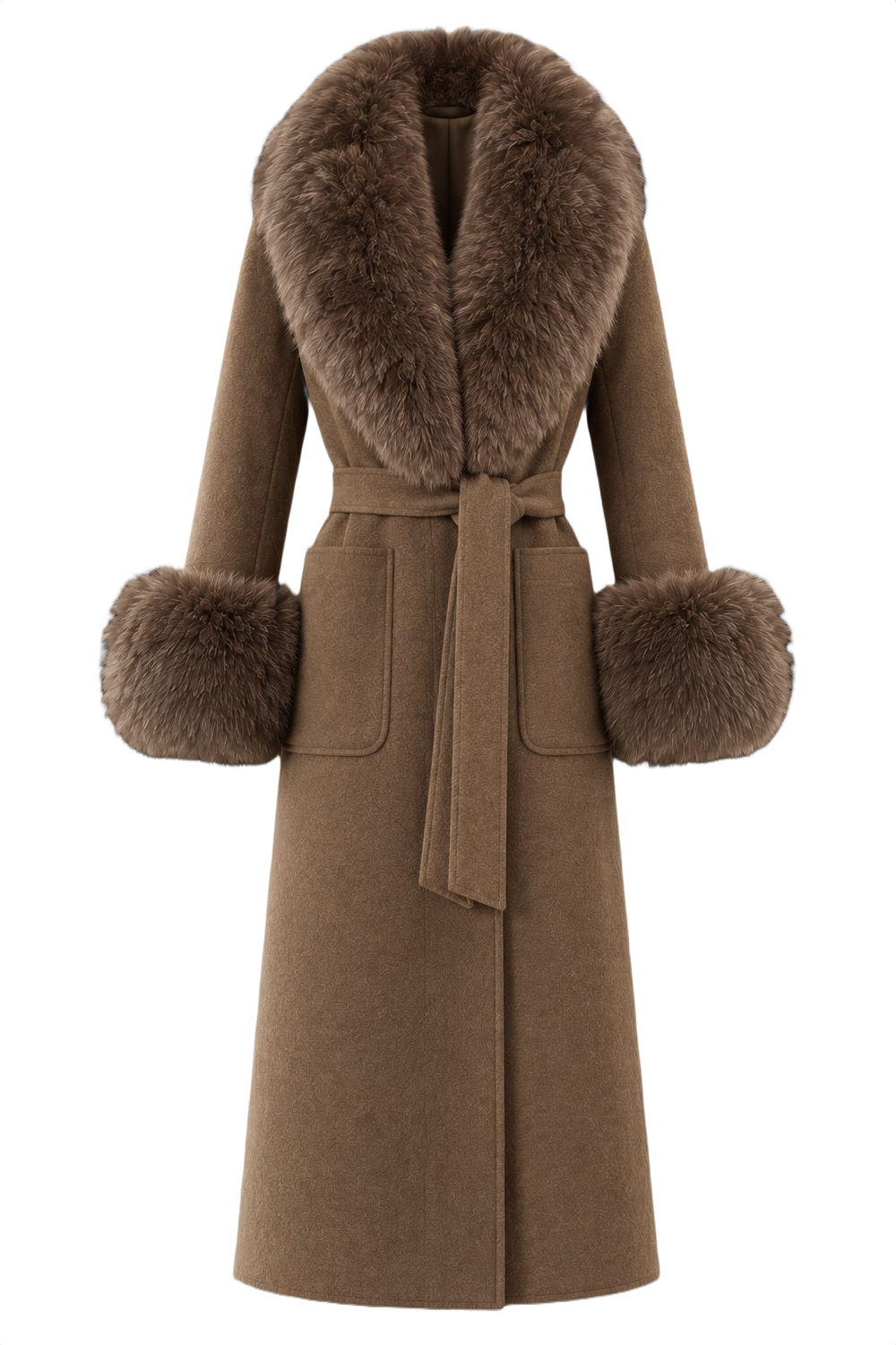 Long brown winter coat with furry sleeves