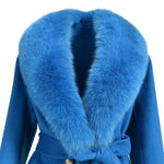 Long blue winter coat with furry sleeves