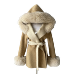 Hooded Belted Coat with Faux Fur Trim