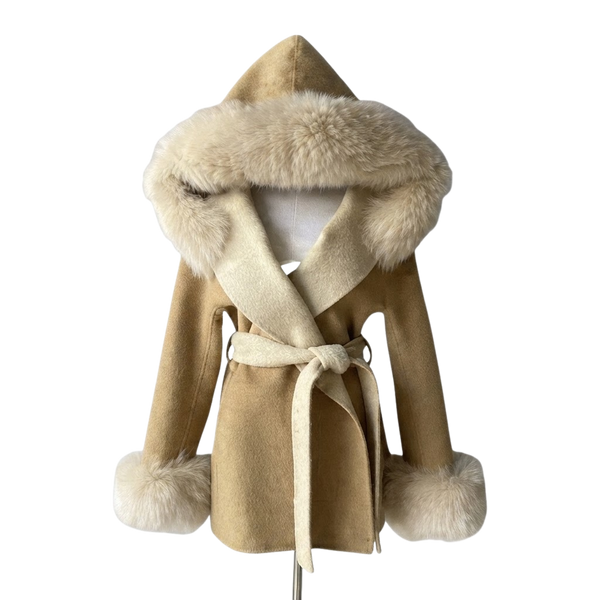 Hooded Belted Coat with Faux Fur Trim