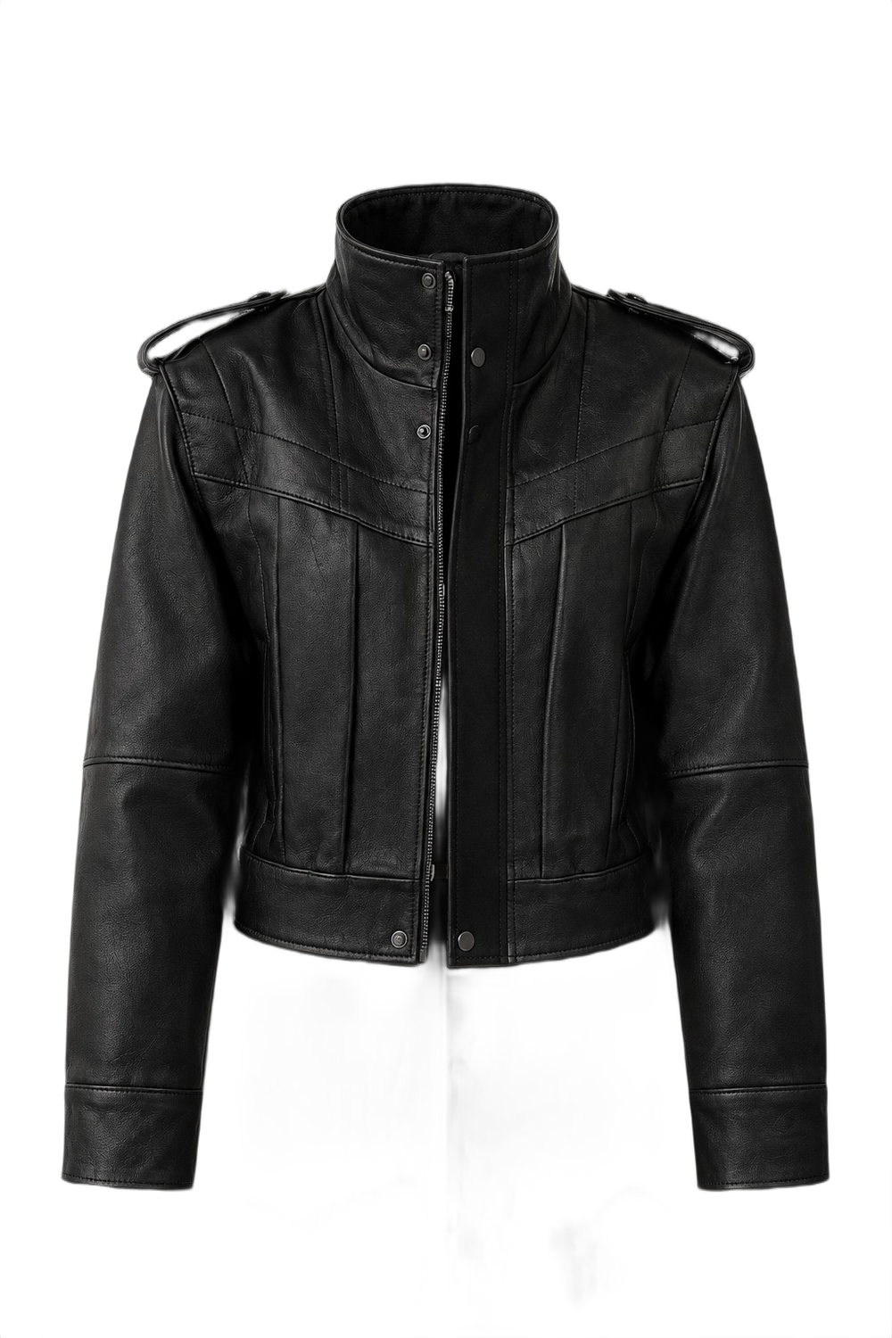 Cropped Textured Leather Biker Jacket with Snap Closure