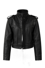 Cropped Textured Leather Biker Jacket with Snap Closure