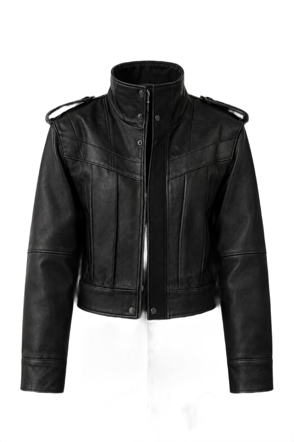 Cropped Textured Leather Biker Jacket with Snap Closure