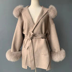 Belted Hooded Coat with Faux Fur Cuffs