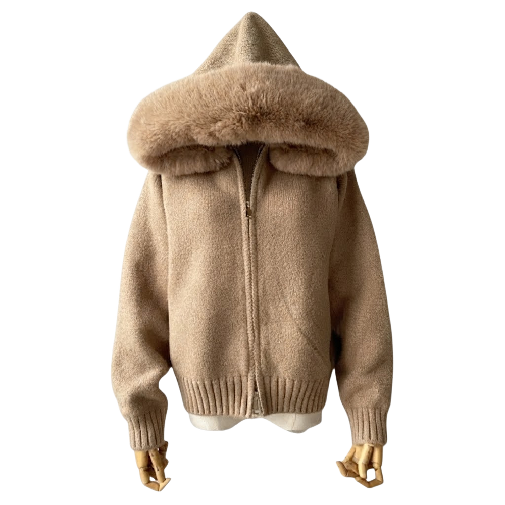 Plush Fur-Hood Knit Jacket
