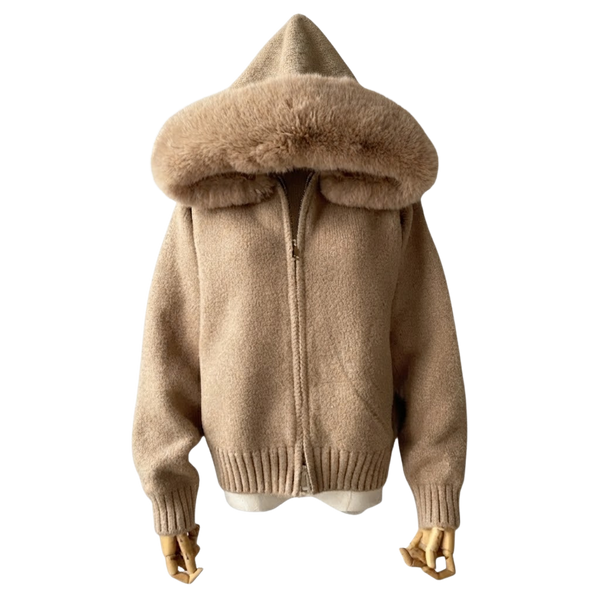 Plush Fur-Hood Knit Jacket