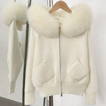 Plush Fur-Hood Knit Jacket with Pockets