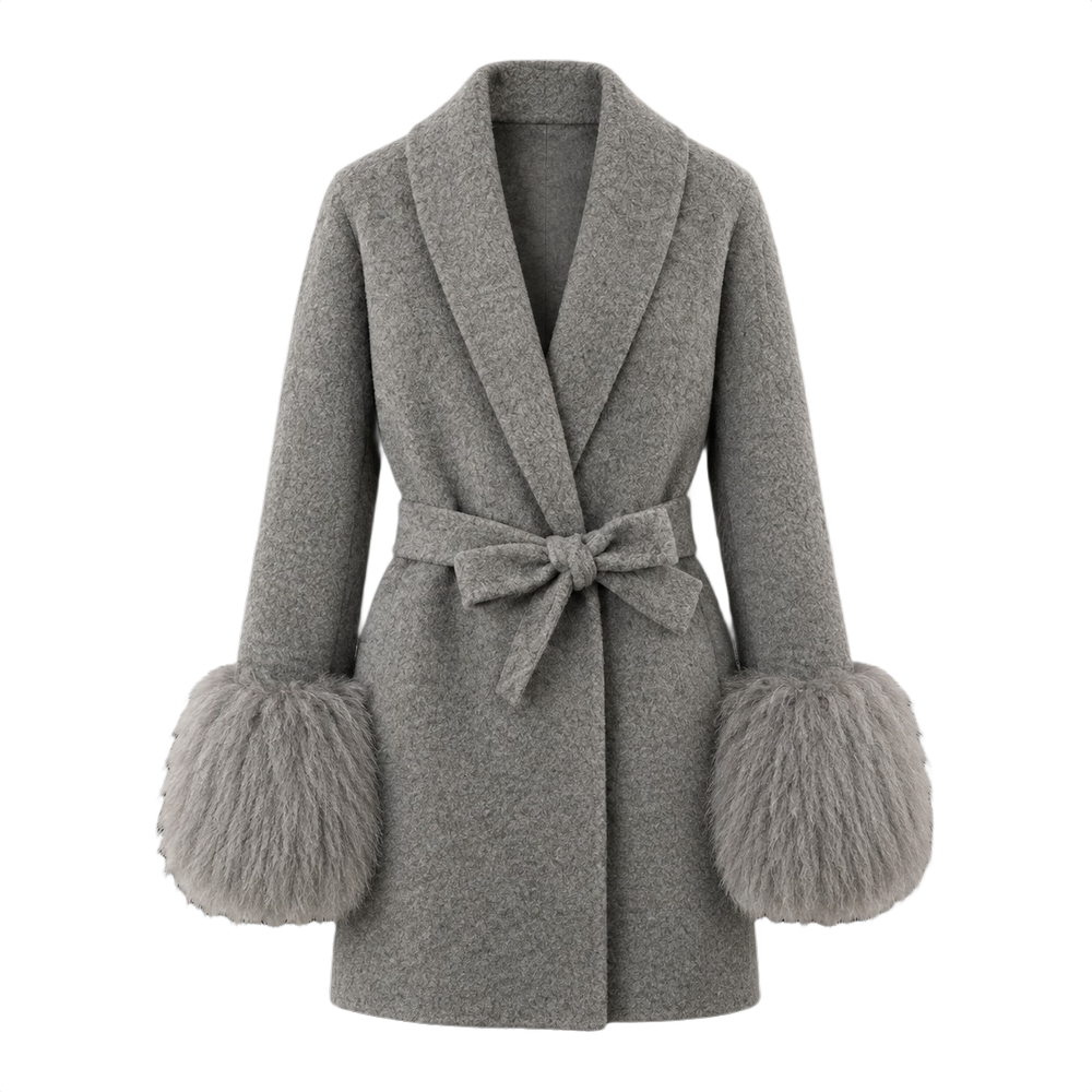 Belted Wrap Coat with Curly Shearling-Style Cuffs