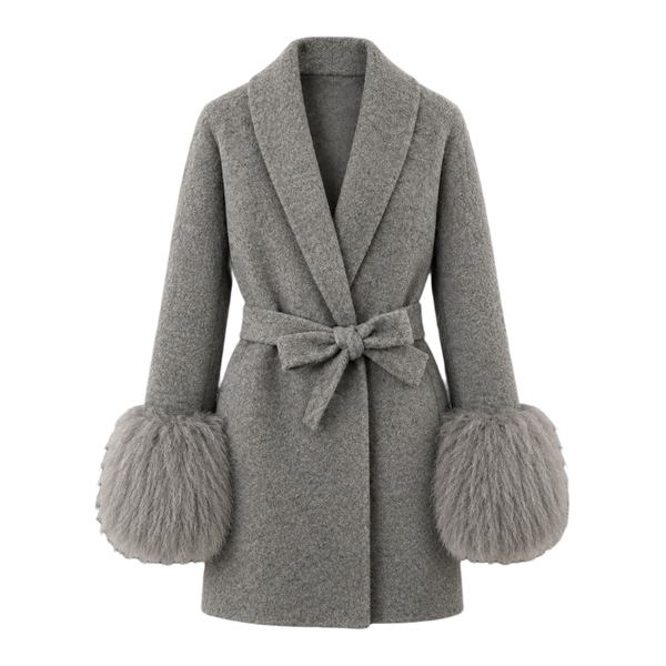 Belted Wrap Coat with Curly Shearling-Style Cuffs