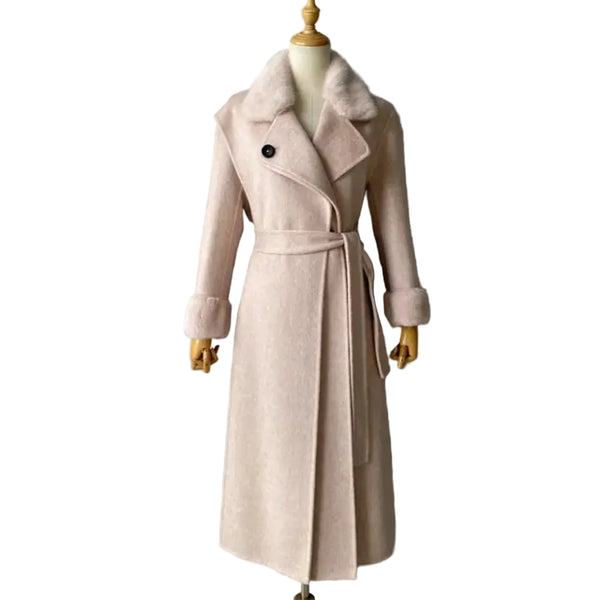 Long Belted Wool Trench with Faux Fur Trim