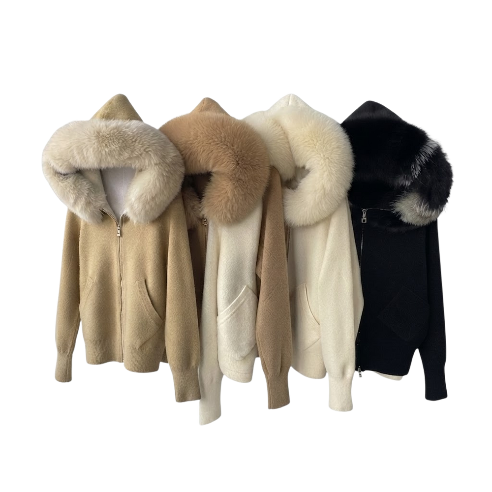 Plush Fur-Hood Knit Jacket with Pockets