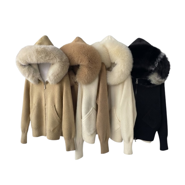 Plush Fur-Hood Knit Jacket with Pockets
