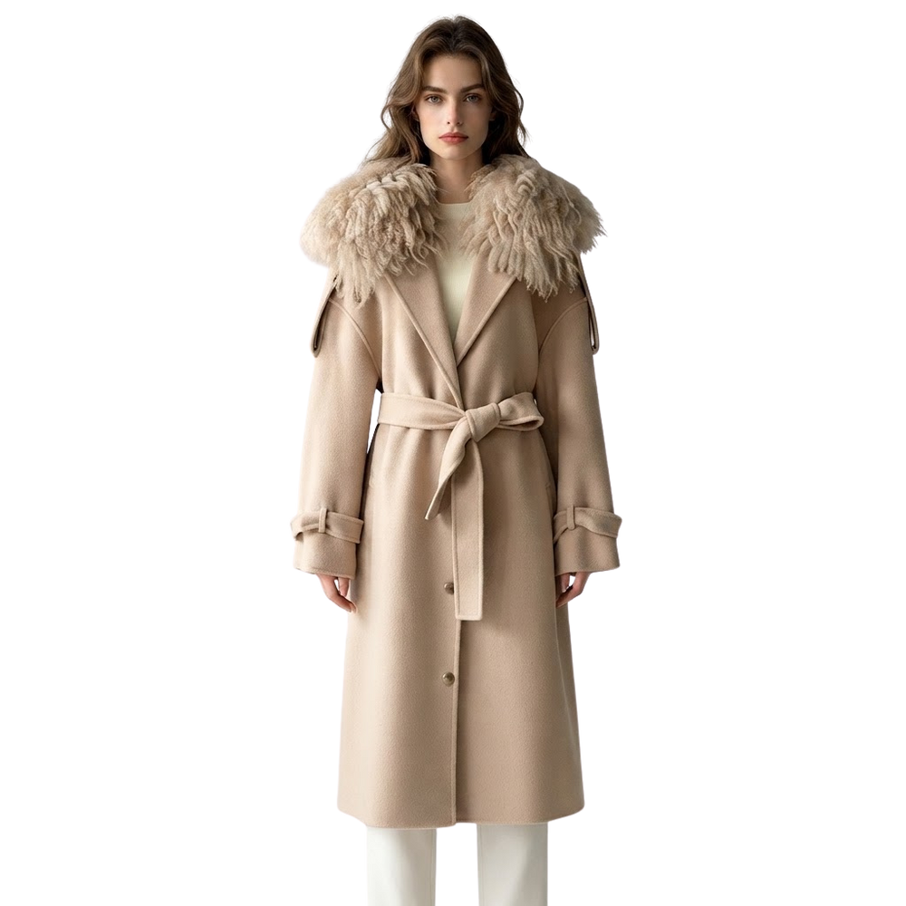 Classic Tie-Waist Longline Coat with Plush Neckline