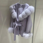 Tie-Waist Wool Jacket with Plush Ball Accents