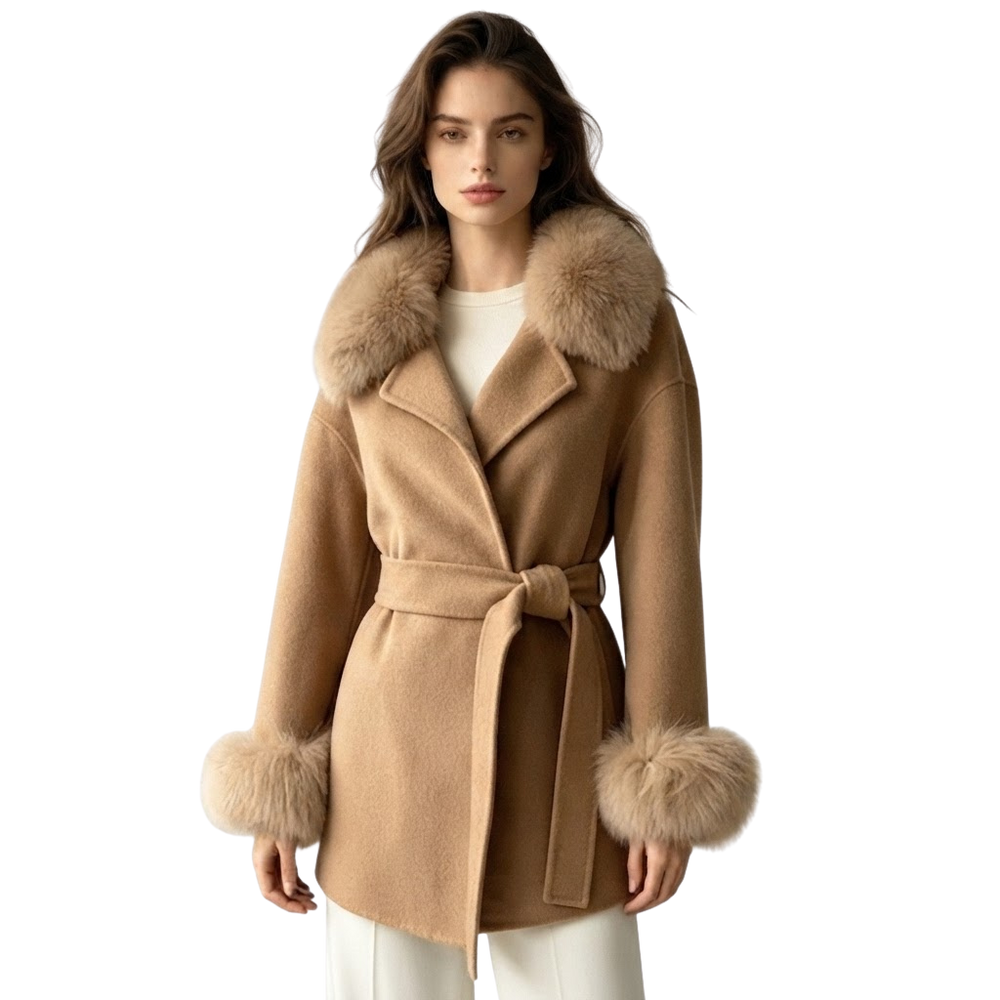 Wrap Jacket with Plush Fur Trim