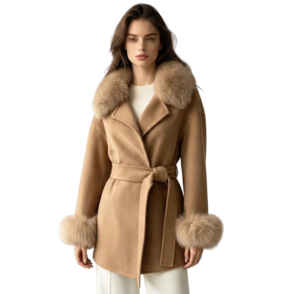 Wrap Jacket with Plush Fur Trim