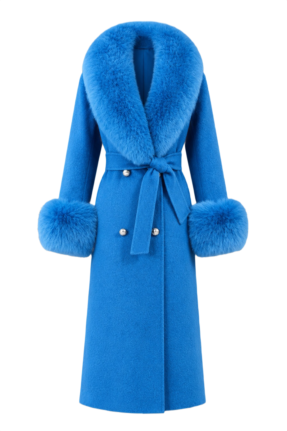 Long blue winter coat with furry sleeves