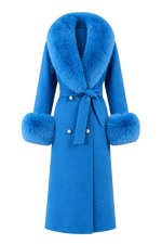 Long blue winter coat with furry sleeves