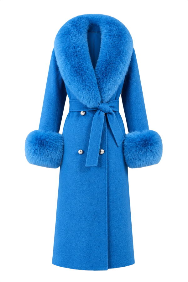 Long blue winter coat with furry sleeves