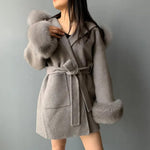 Belted Hooded Coat with Faux Fur Cuffs