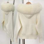 Plush Fur-Hood Knit Jacket with Pockets