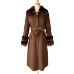 Belted Longline Coat with Contrast Fur Trim